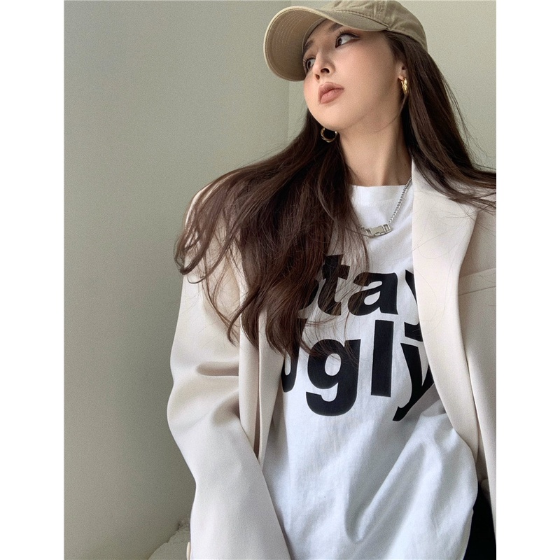 Áo Thun Nữ Tay Ngắn Cổ Tròn In Chữ Phong Cách Hàn Quốc