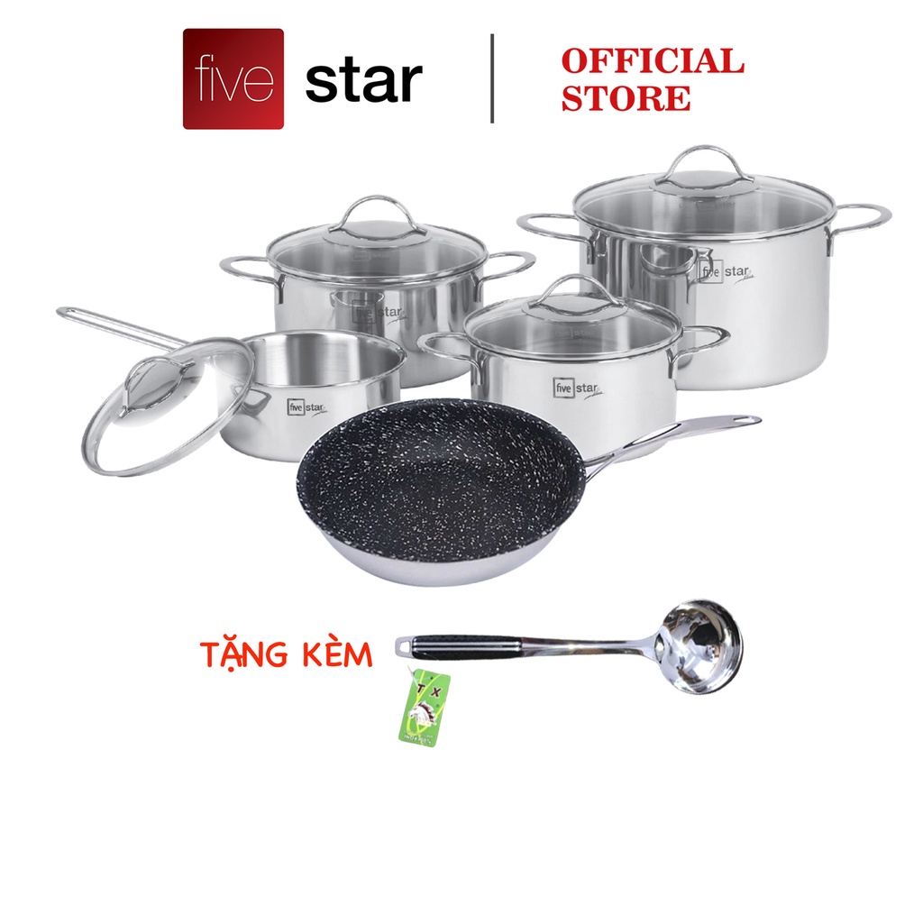 Bộ nồi chảo chống dính vân đá 3 lớp đáy liền inox 304 Fivestar Plus 5 món quai oval nắp kính , tặng 1 vá canh