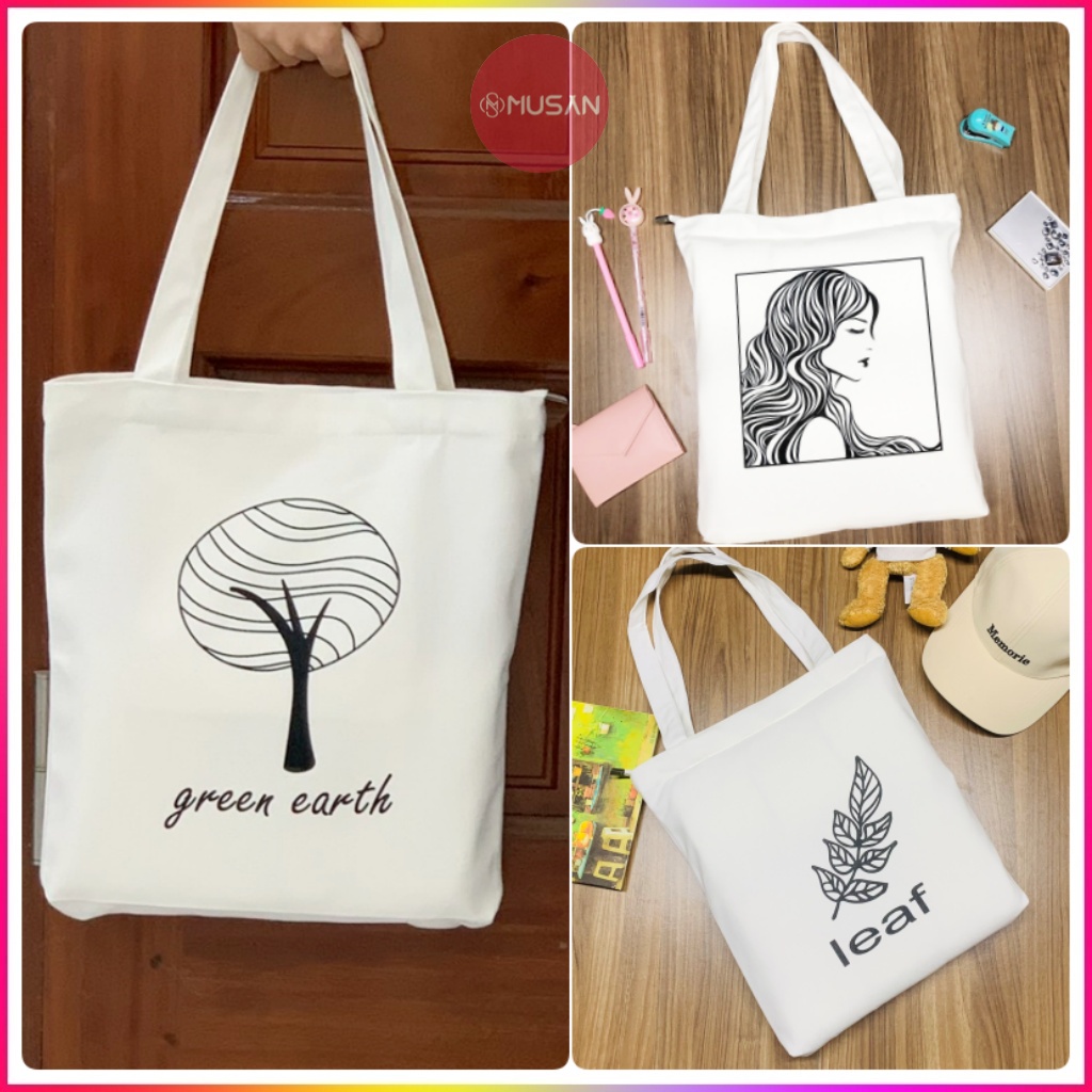 Túi tote vải canvas khổ A4 đi học đi chơi giá rẻ có khóa miệng túi