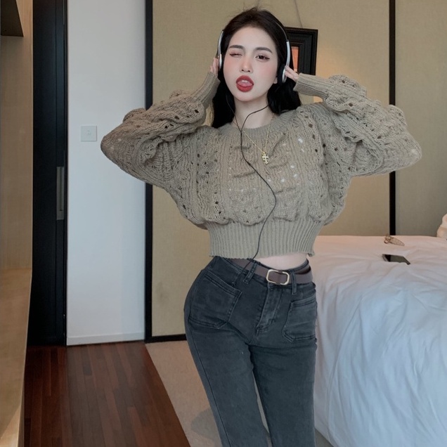 Áo len ZHELIHANGFEI dệt kim mỏng tay phồng dài xinh xắn thời trang Hàn Quốc cho nữ