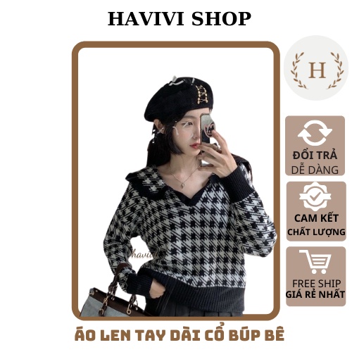 Áo Len Nữ Tay Dài Cổ Búp Bê Họa Tiết Caro Phong Cách Hàn Quốc Cổ Điển Cho Nữ HAVIVI SHOP