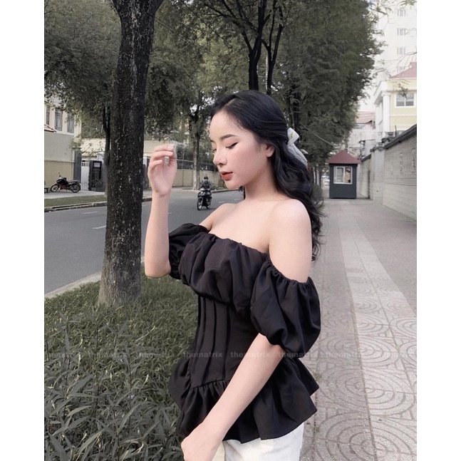 Áo trễ vai nhún ngực tay bồng tiểu thư bánh bèo