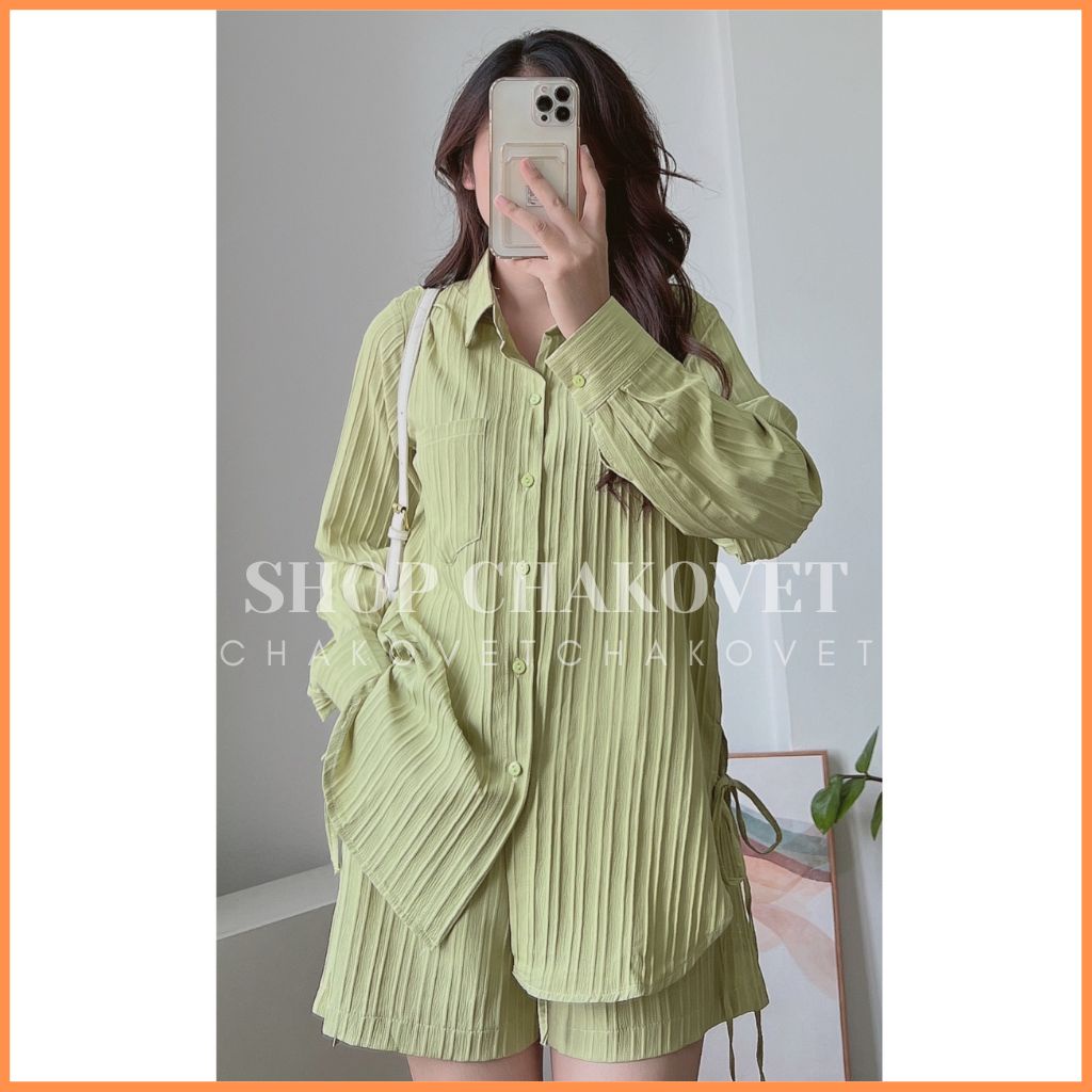 Set áo sơ mi đũi gân xẻ tà tiểu thư S8418 Bộ đồ nữ bánh bèo gồm áo xẻ hông buộc dây kèm quần sooc Ulzzang cực xinh