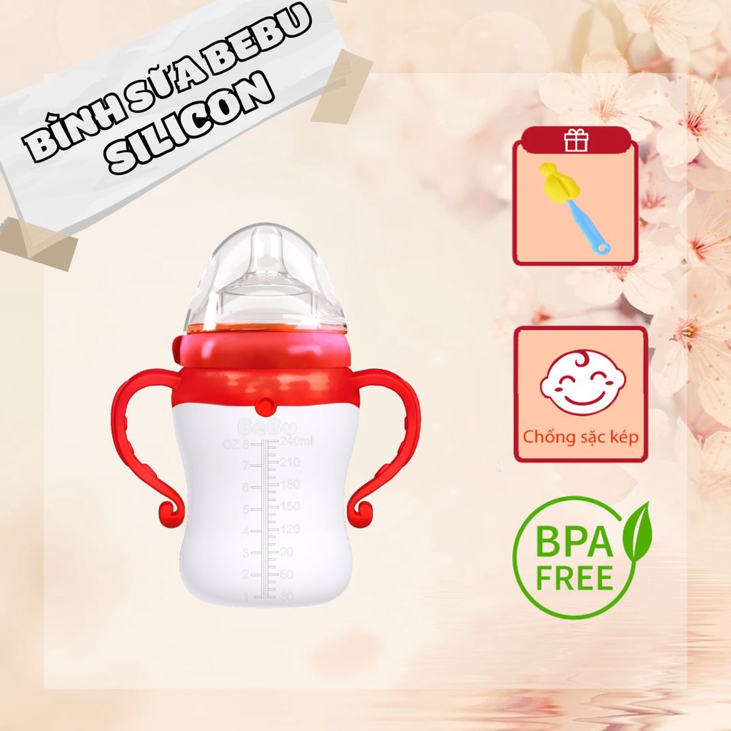 (240ml) Bình Sữa BEBU Silicon Kháng Khuẩn Không BPA An Toàn Cho Bé Chứng Nhận Bởi FDA Hoa Kỳ Và Bộ Y Tế