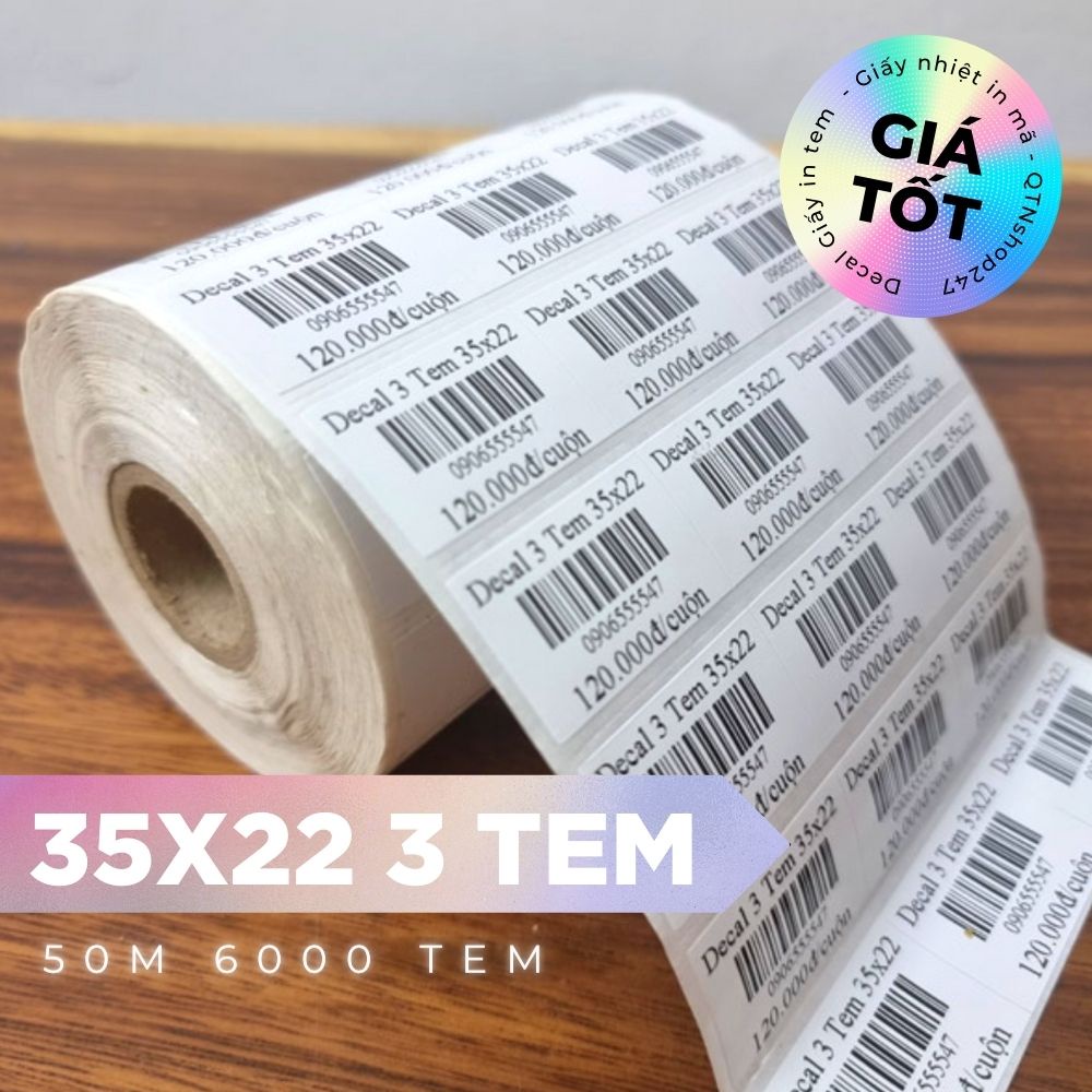 Giấy in tem nhãn mã vạch 3 tem/ hàng 35x22mm ( cuộn 50m )