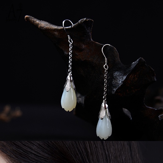 Bông Tai Mạ Bạc 925 Hình Hoa Mộc Lan Đính Đá Ngọc Bích Giả Xinh Xắn Cho Nữ