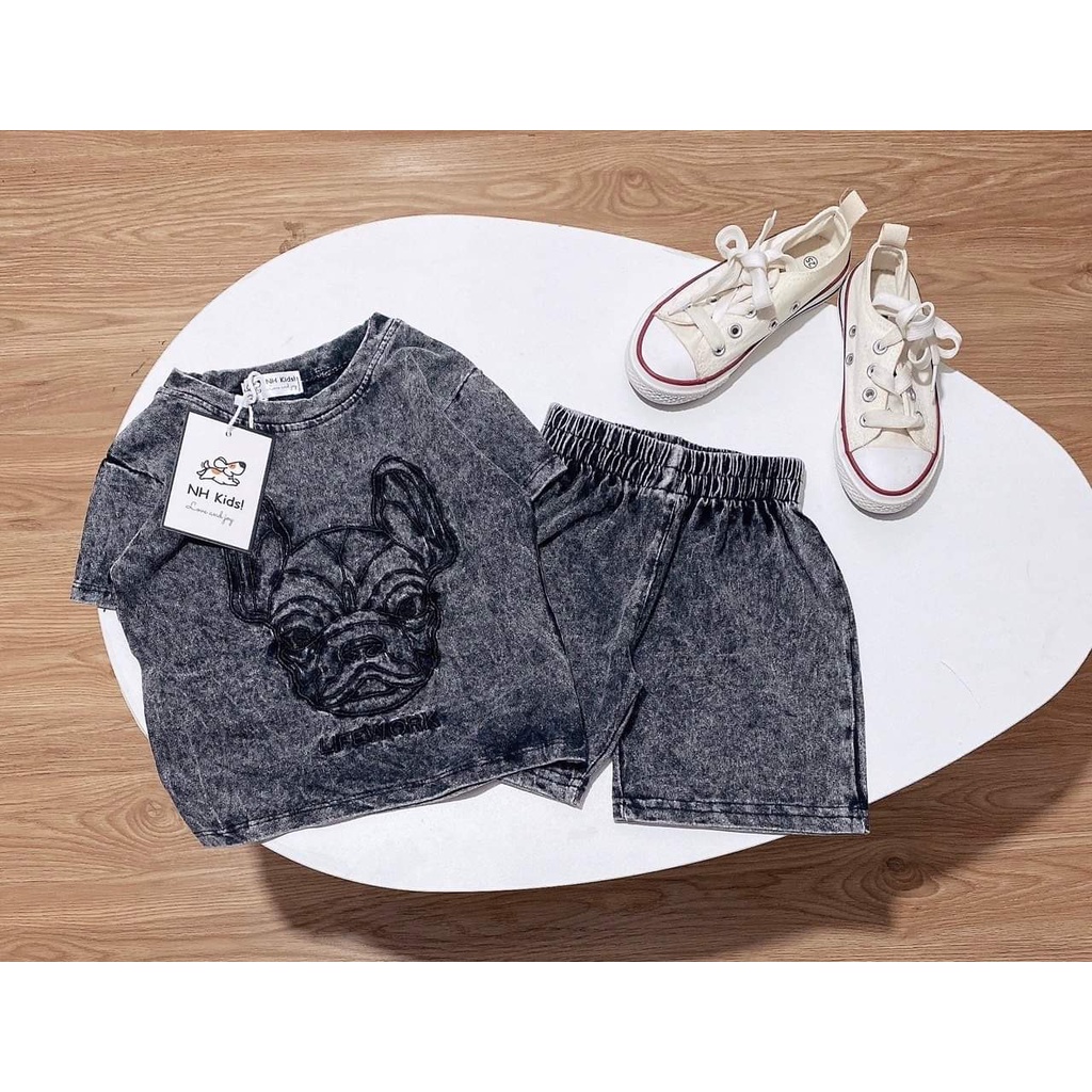 SET BỘ THUN COTTON LOANG MAU XÁM IN HÌNH CHÚ CHÓ SIÊU NGẦU DÀNH CHO BÉ TRAI