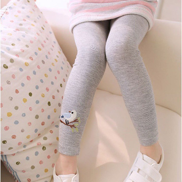 Quần legging cotton thêu hình con chim giữ ấm co giãn cho bé gái 2-7 tuổi