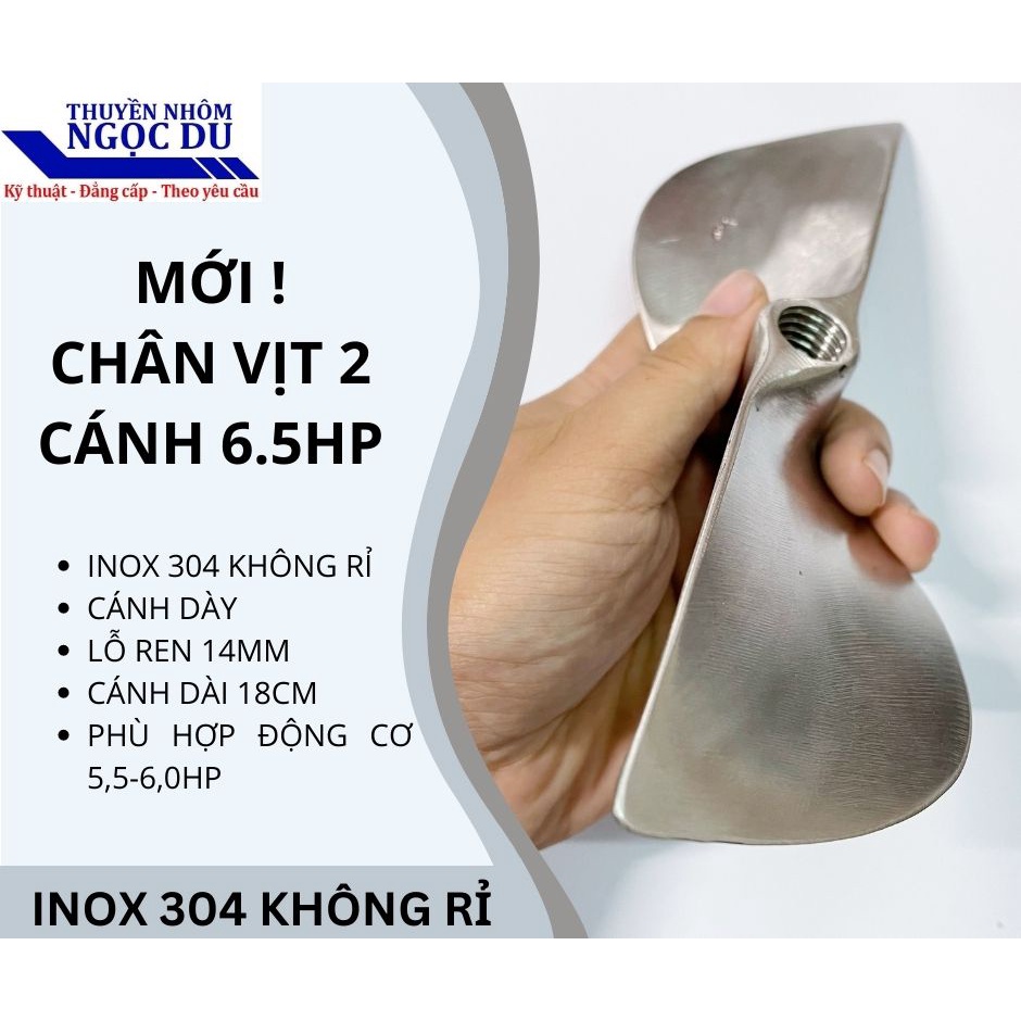 Chân Vịt Inox 2 Cánh 6.5hp, Cánh Xéo, Lỗ Ren 14mm, Dùng Cho Động Cơ Xăng, Chân Vịt Chạy Thuyền, Chạy Xuồng