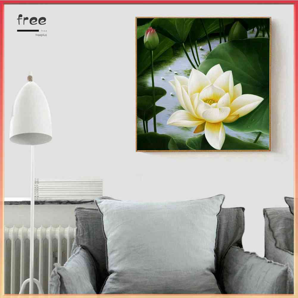 Tranh Đính Đá Kim Cương Toàn Bộ 5D DIY Hình Vẽ Hoa Sen Trắng