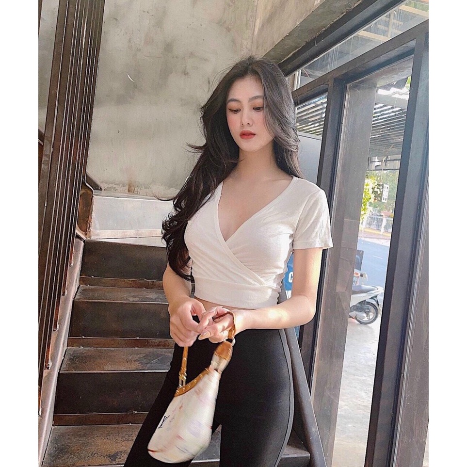 Áo Croptop Đắp Chéo Tay Ngắn Trơn .A5178