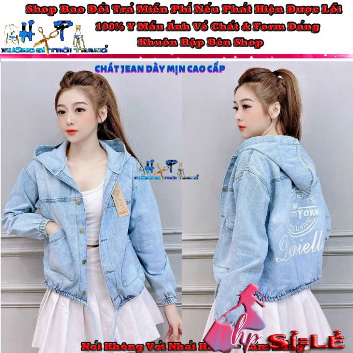 Bán Giá sỉ áo khoác jeans nữ form dài rộng có mũ nón đẹp cao cấp in chữ siêu xinh mẫu mới thời trang 2021 giá sỉ