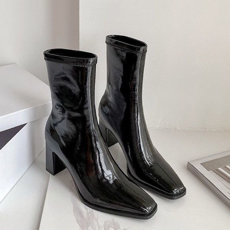 Bốt nữ đẹp, Boot nữ cổ thấp da bóng sang chảnn gót 8 phân C01