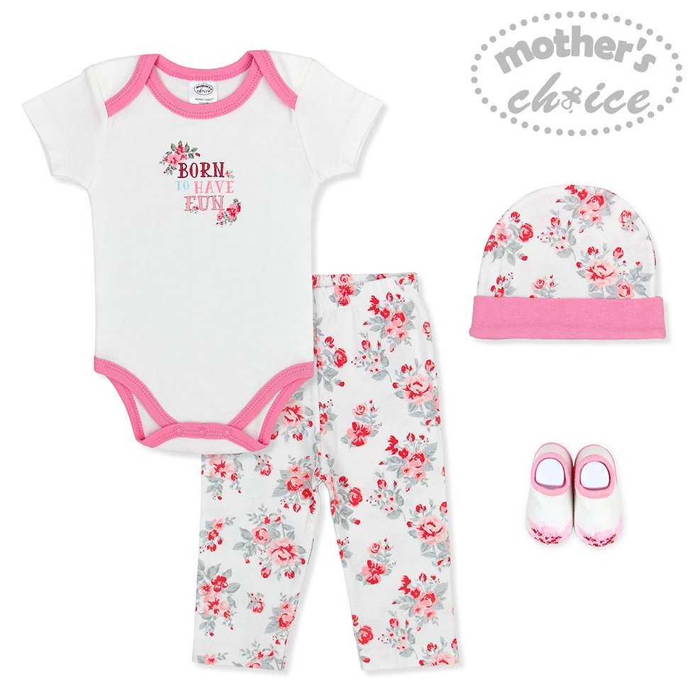 Set Quà sơ sinh cho bé gái màu hồng đáng yêu Mother's Choice gồm bodysuit, quần dài, mũ và tất 100% cotton IT3197