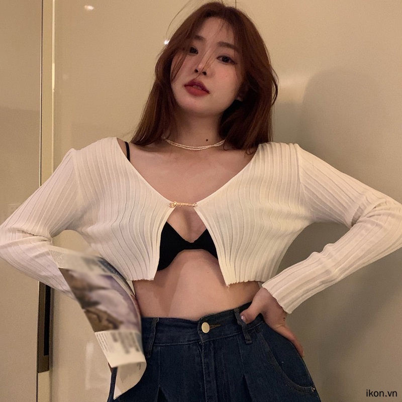 Áo cardigan dệt kim tay dài cổ chữ V khoét sâu màu sắc quyến rũ phong cách Hàn Quốc cho nữ