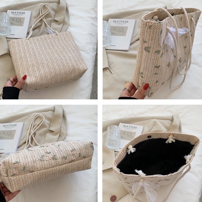Túi cói phối ren tiểu thư cột nơ phong cách Hàn Quốc, Túi xách nữ | BigBuy360 - bigbuy360.vn
