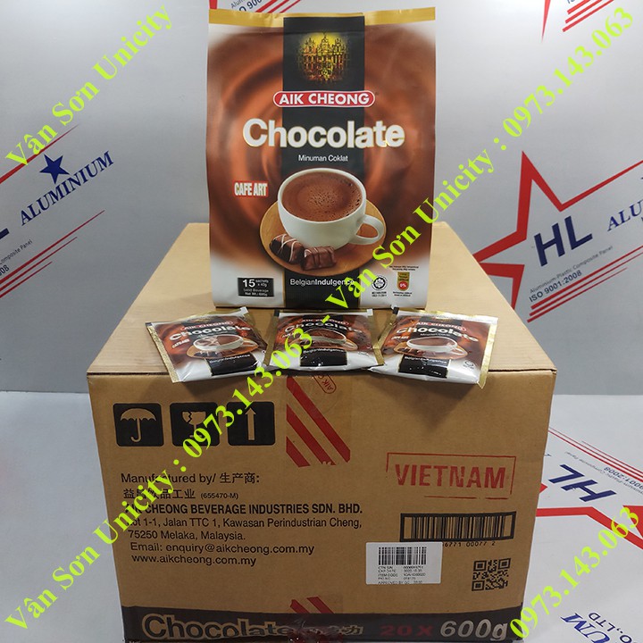 Thùng thức uống Socola (Chocolate) Aik Cheong 20 bịch 600g (15 gói * 40g)