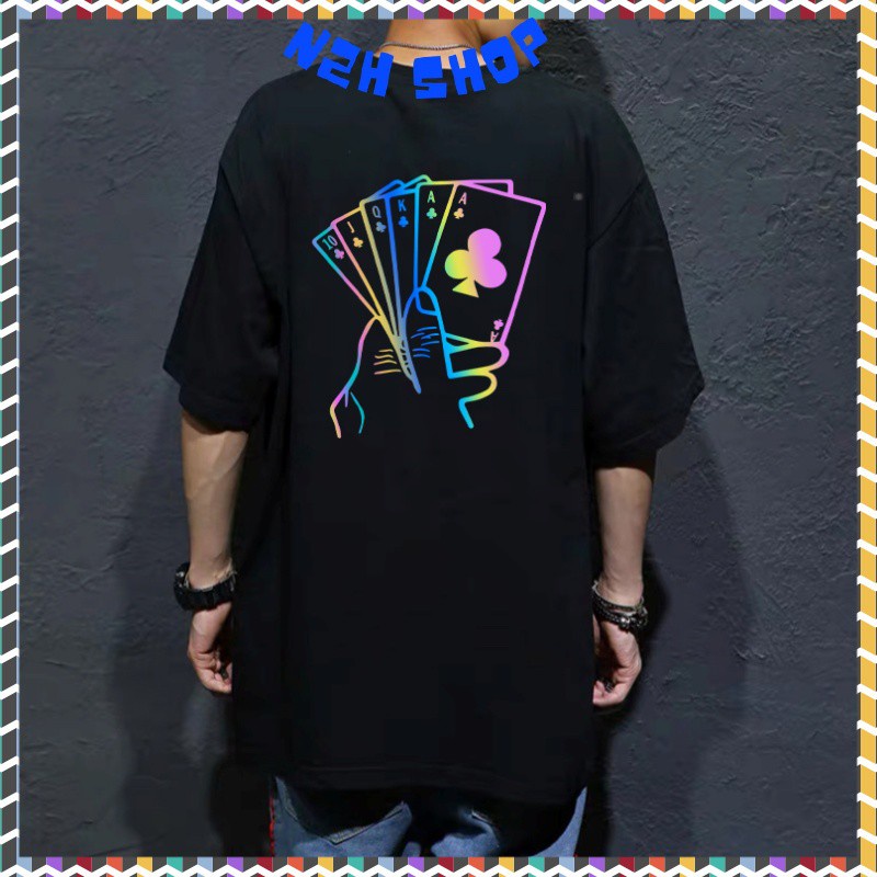 Áo Thun Nam Nữ Tay Lỡ Cổ Tròn In Hình Phản Quang Lá Bài,Thời Trang Unisex N2H Shop !