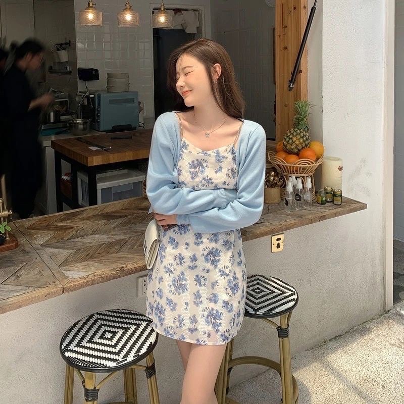 Set đầm hoa + áo khoác xanh