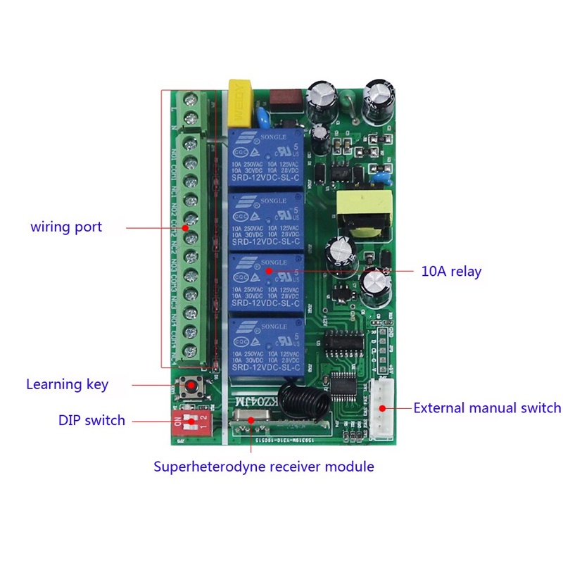 Bộ điều khiển 4 kênh RF 220V, Bộ điều khiển từ xa không dây học lệnh 4 relay 10A, RF 433 MHz học lệnh 3 chế độ.