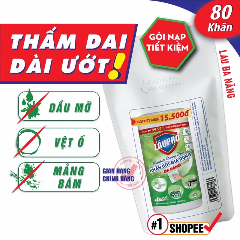 Gói Nạp Khăn Ướt Läupro Lau Vật Dụng ĐA NĂNG, bếp, lò vi sóng... _Loại Cặn Bẩn Dầu Mỡ Nấm Mốc_KHÁNG KHUẨN 80 Khăn Laupro