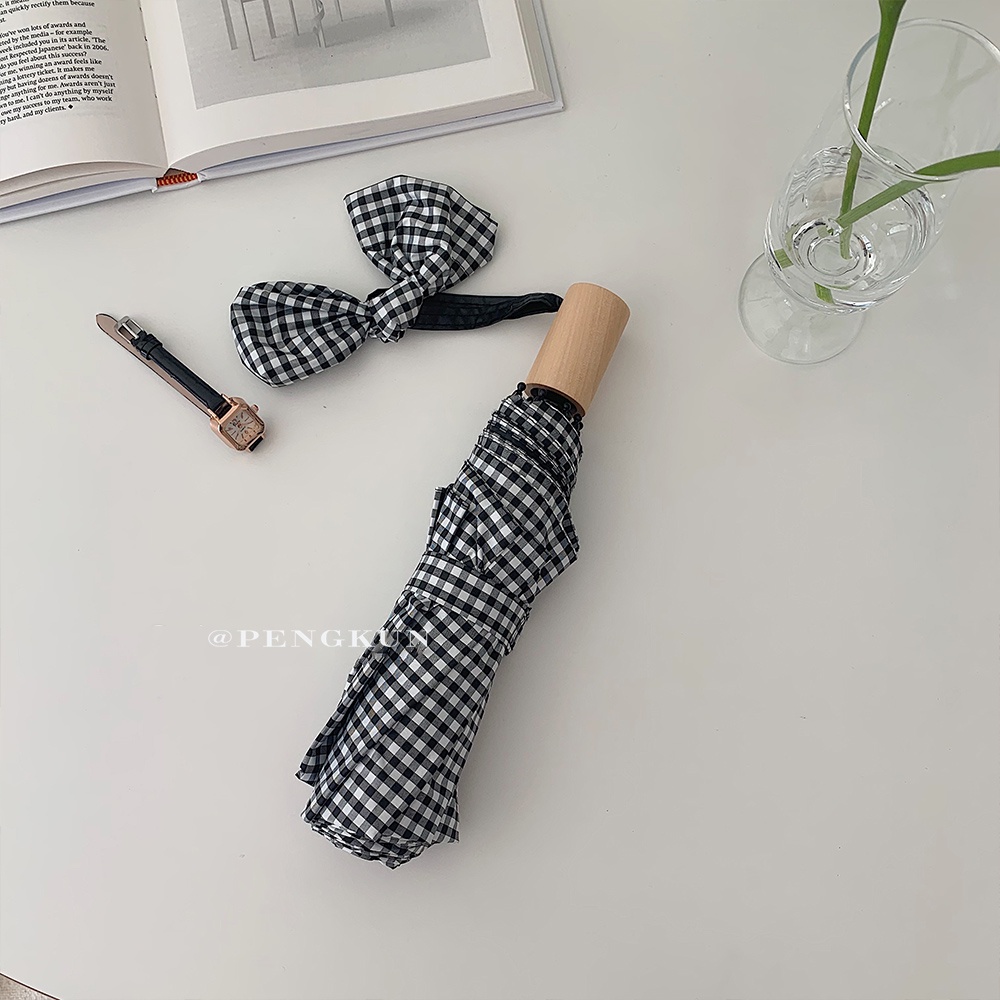 Dù Gấp Tự Động Che Nắng Mưa Họa Tiết Kẻ Sọc Màu Đen Phong Cách Hàn Quốc