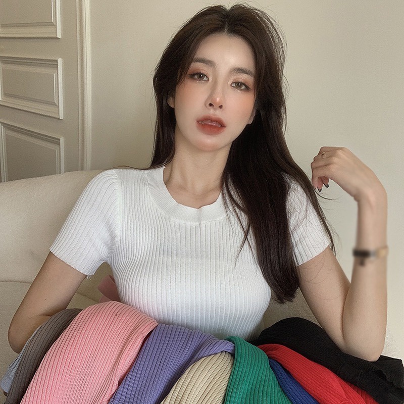 Áo Thun Dệt Kim Ngắn Tay Cổ Tròn Màu Trơn Thời Trang Hàn Quốc