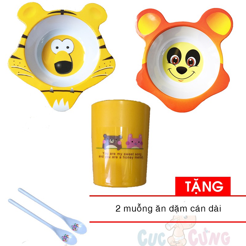 Bộ chén ăn hình cọp + chén ăn hình gấu + 1 ly nước in hình TẶNG 2 cái muỗng cán dài