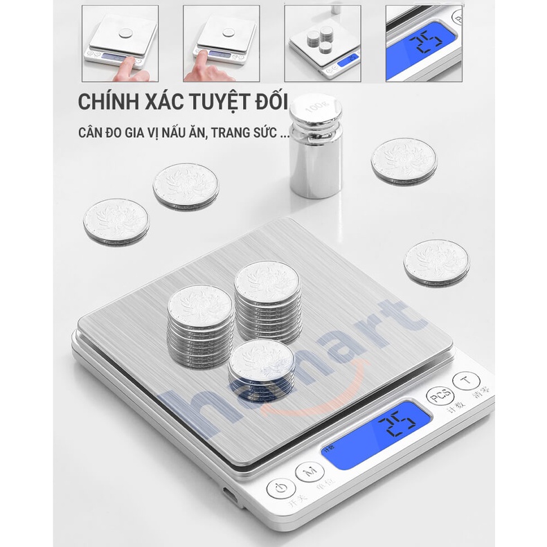 Cân Tiểu Ly Điện Tử Mini I3000 Hamart Cân Gia Vị Nấu Ăn Nhà Bếp Cao Cấp 3kg/0.1g Màn LCD Chuẩn Xác Tiện Lợi