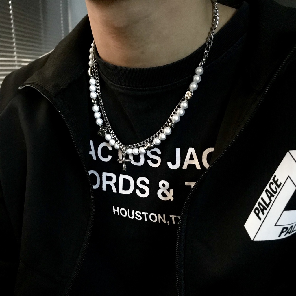 Vòng cổ Thép Titan Mặt Hình Thánh Giá Đính Ngọc Trai Phản Quang Phong Cách hip hop