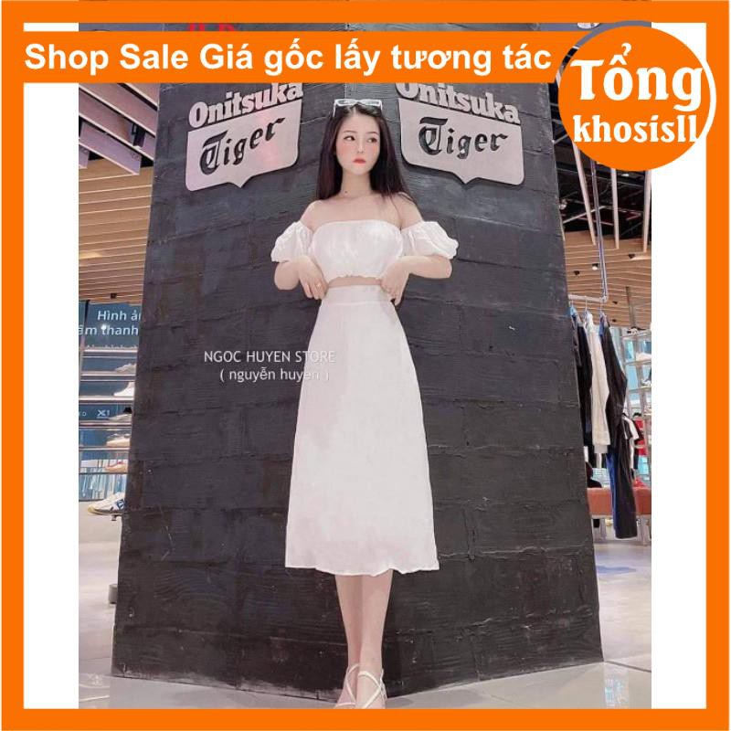 💝Sét váy đầm nữ gồm hai món áo trễ vai tay bồng 💝 chân váy trắng dài dáng vintage ulzzang freesize có lót trong