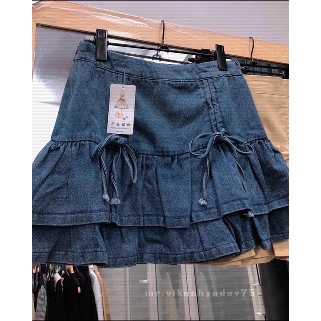 Chân váy kaki / jeans xếp li tầng buộc nơ Quảng châu (Ảnh thật)