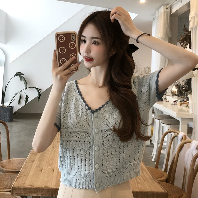 Áo Thun Dệt Kim Tay Ngắn Thiết Kế Đơn Giản Thời Trang Theo Phong Cách Harajuku