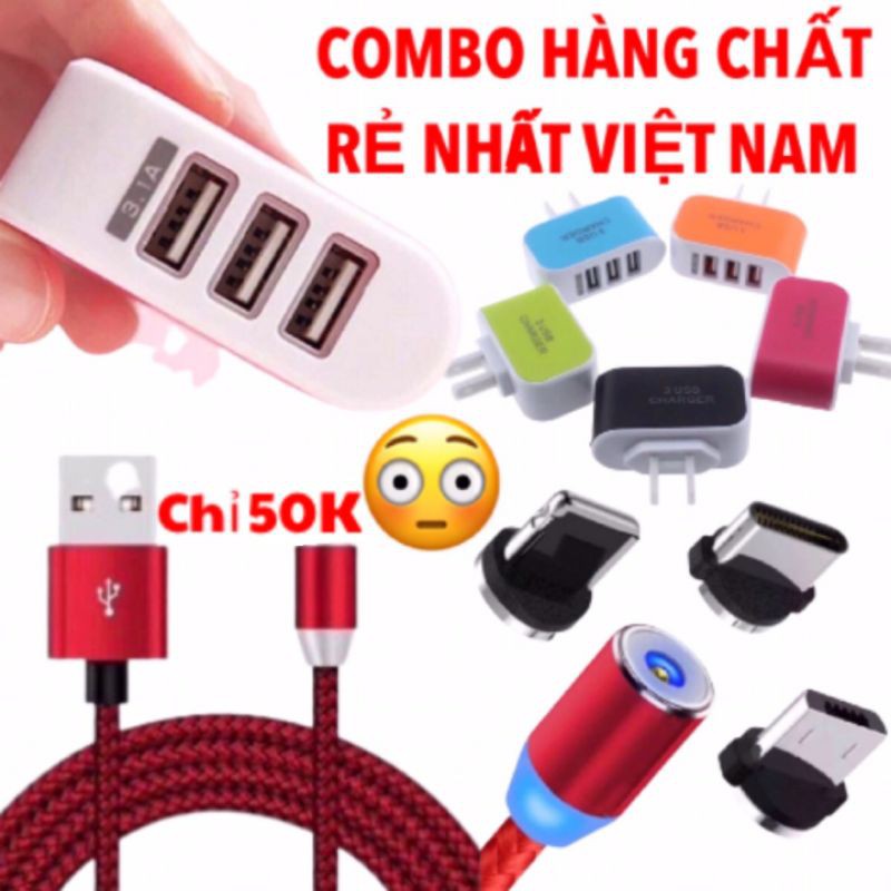 Củ sạc 3 cổng và cáp sạc nam châm 3 đầu Sạc Nhanh Cho Iphone Samsung Và Tất Cả Các Dòng Điện Thoại Giá Rẻ Nhất