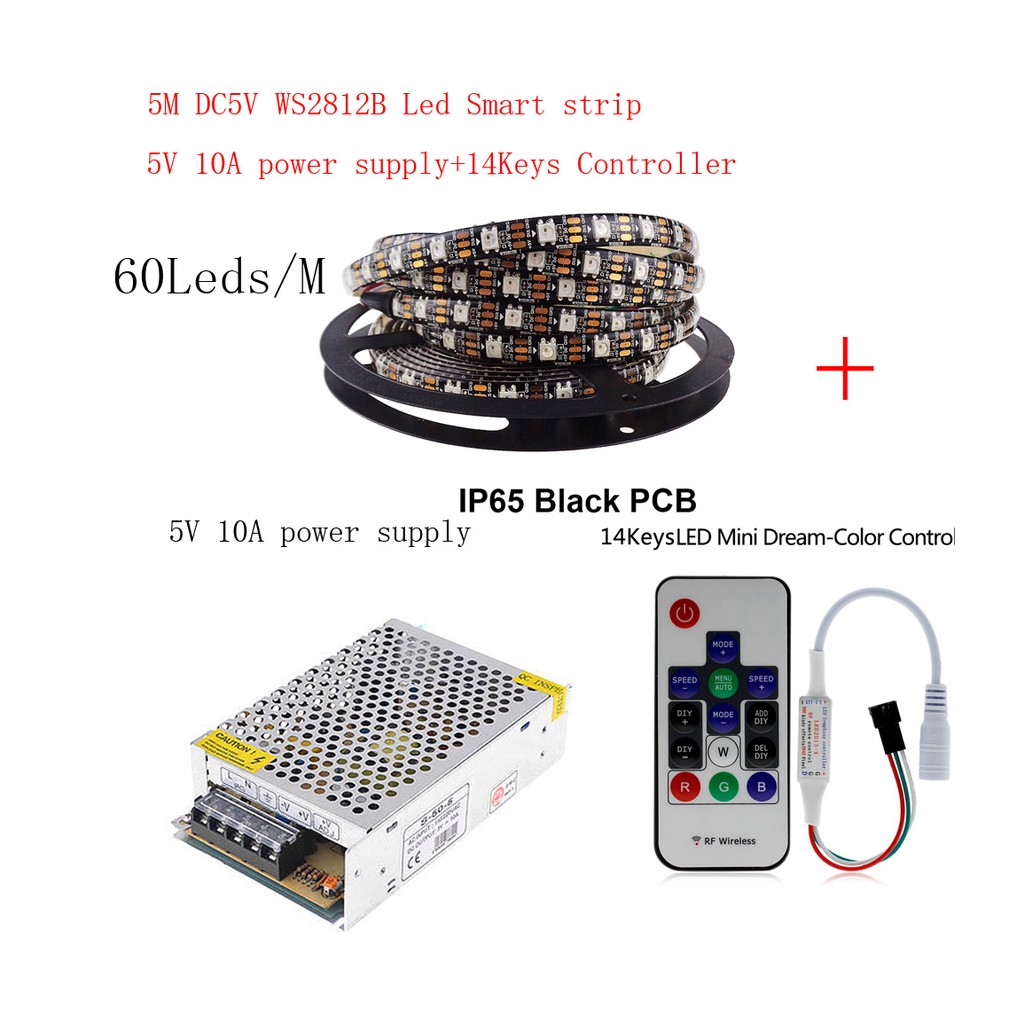 Dây Đèn Led 5m Dc5v Ws2812b 60 Pixels / Leds / M Ws2812 Ic 5050 Rgb + Bộ Điều Khiển Led 5v