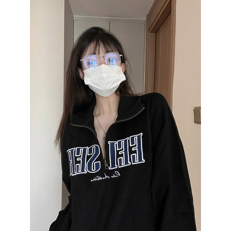 Áo sweater Nữ Tay Dài Màu Đen Phong Cách retro Mỹ