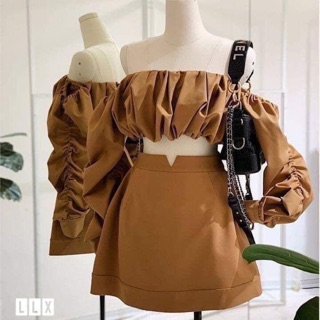 Set váy cam áo trễ vai nhún váy quần eo kiểu