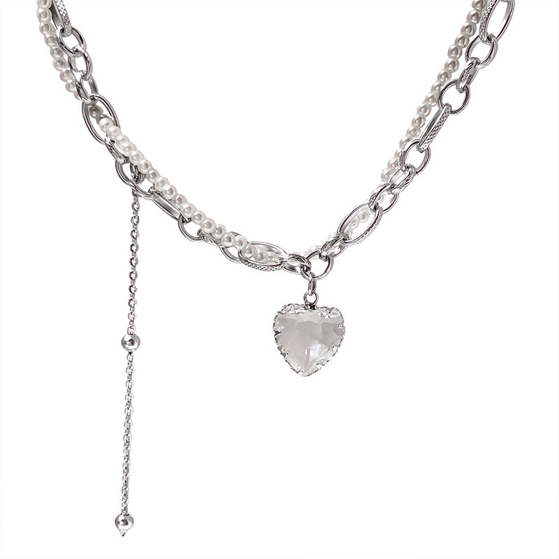 Vòng cổ Hai Lớp Đính Ngọc Trai Hình Trái Tim Phong Cách hip hop