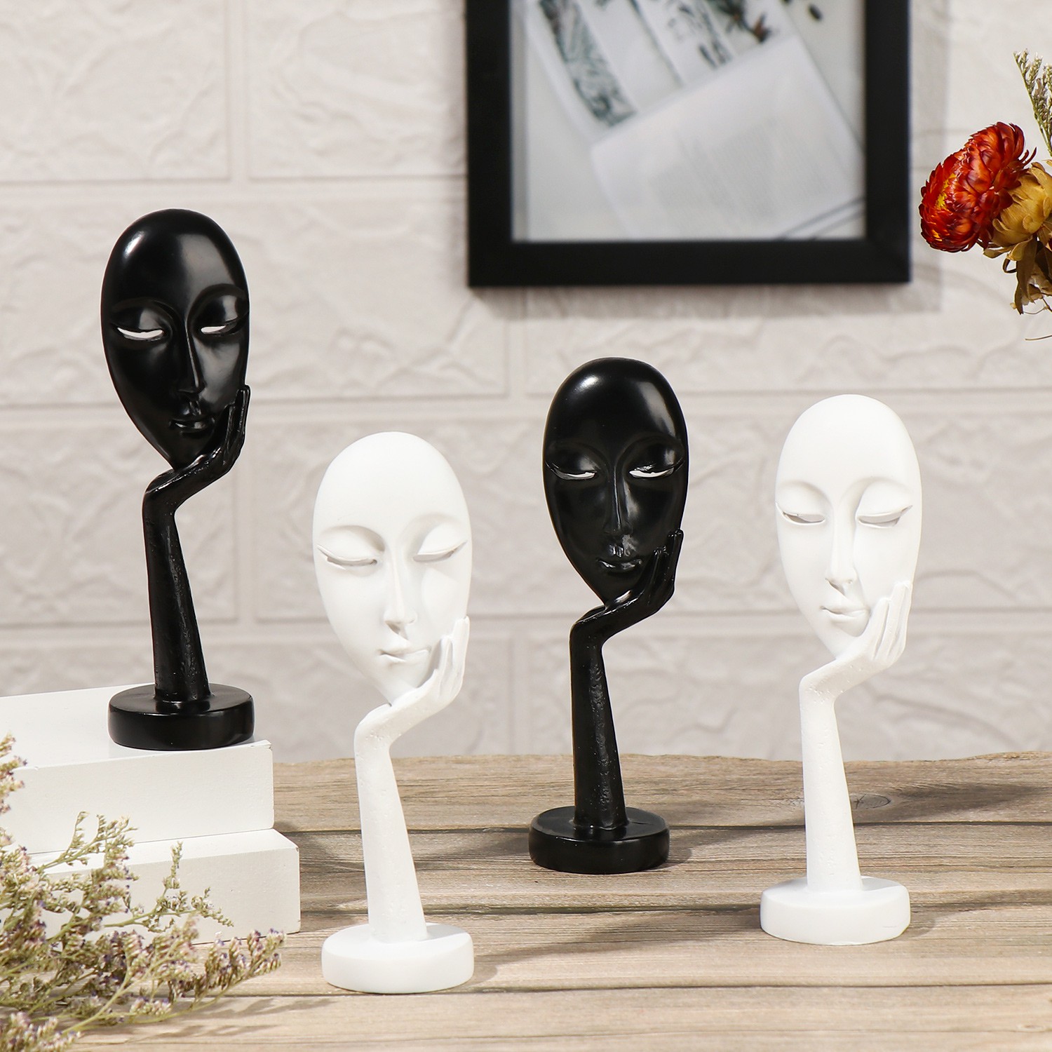 ☆YOLA☆ 4pcs Office Thinking Lady Sculpture Gift White &amp; Black Woman Face Statues Carving Figurine Lady Face Meditator Home Decor Bedroom Desktop Decor Abstract Art Handmade/Multicolor