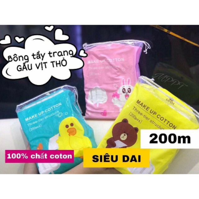 Túi 200 miếng bông tẩy trang MAKE UP COTTON gấu,vịt, thỏ