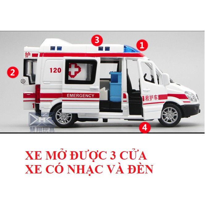 Xe mô hình ô tô cứu thương bằng sắt có nhạc và âm thanh đồ chơi trẻ em xe mở các cửa