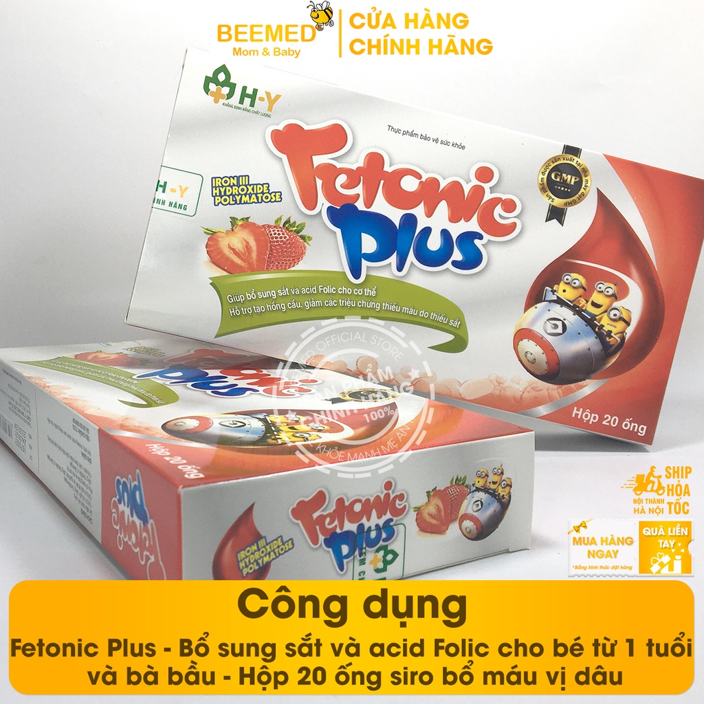 Fetonic Plus - Bổ sung sắt và acid Folic cho bà bầu và bé từ 1 tuổi - Hộp 20 ống siro bổ máu vị dâu