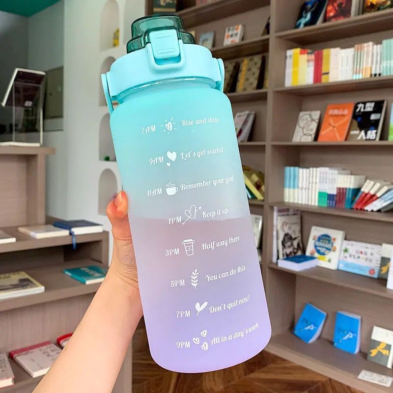 Bình nước 2 lit chia vạch nhắc uống nước dành cho người lười uống nước kèm sticker dễ thương