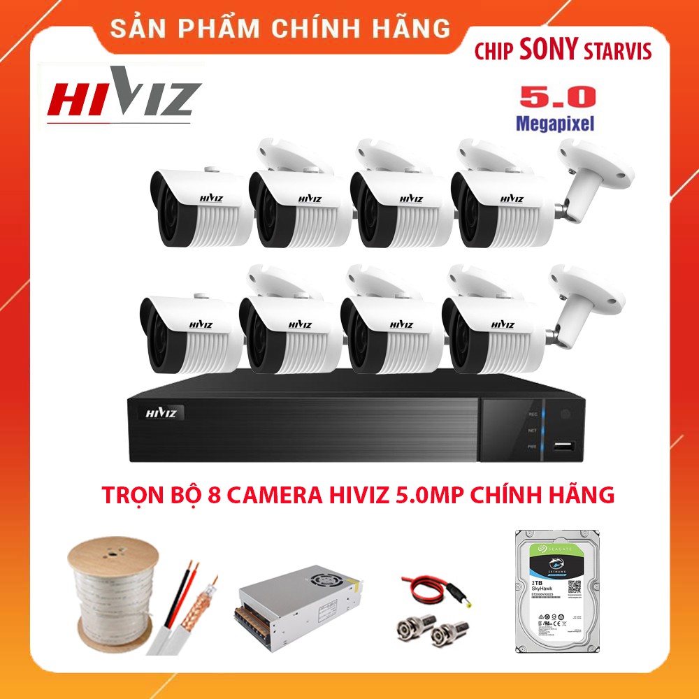 TRỌN BỘ 8 CAMERA GIÁM SÁT HIVIZ 5.0MP(2K), CHIP SONY STARVIS, ĐẦY ĐỦ PHỤ KIỆN, KÈM HDD (500GB/1TB/2TB) - HÀNG CHÍNH HÃNG