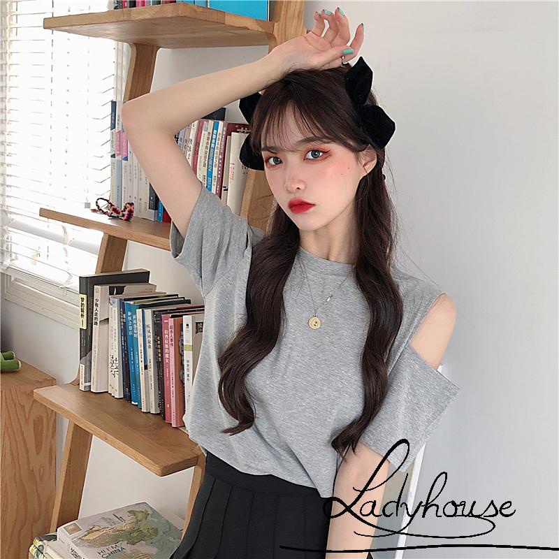 Áo Thun Tay Ngắn Cổ Tròn Hở Vai Màu Trơn Thời Trang Mùa Hè Dành Cho Nữ