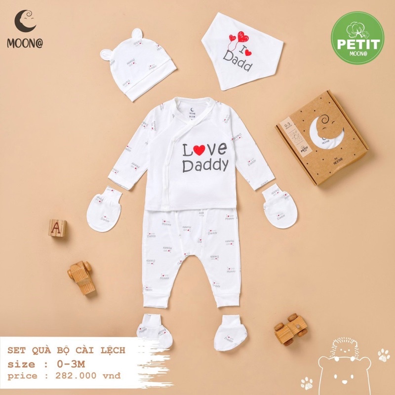 Set bộ sơ sinh petit Moon kèm hộp gồm 5 sản phẩm (bộ quần áo + bao tay chân+ yếm + mũ )(như ảnh)