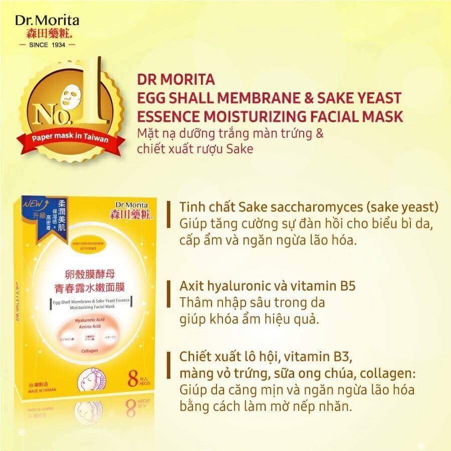 Hộp 8 Mặt Nạ Dưỡng Trắng Da Dr.Morita Egg Shell Membrane &amp; Yeast Essence Moisturizing Facial 25ml x 8