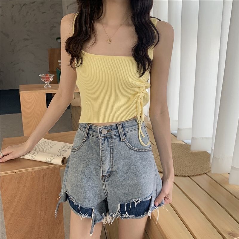 Áo Hai Dây Dệt Kim Dáng Ngắn / Dây Rút Thời Trang Trẻ Trung