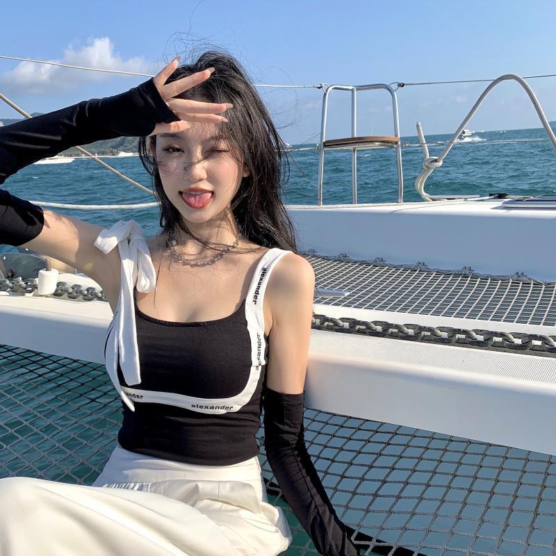 Áo Hai Dây Dáng Ôm Phối Ren In Chữ Thời Trang Mùa Hè Quyến Rũ Cho Nữ