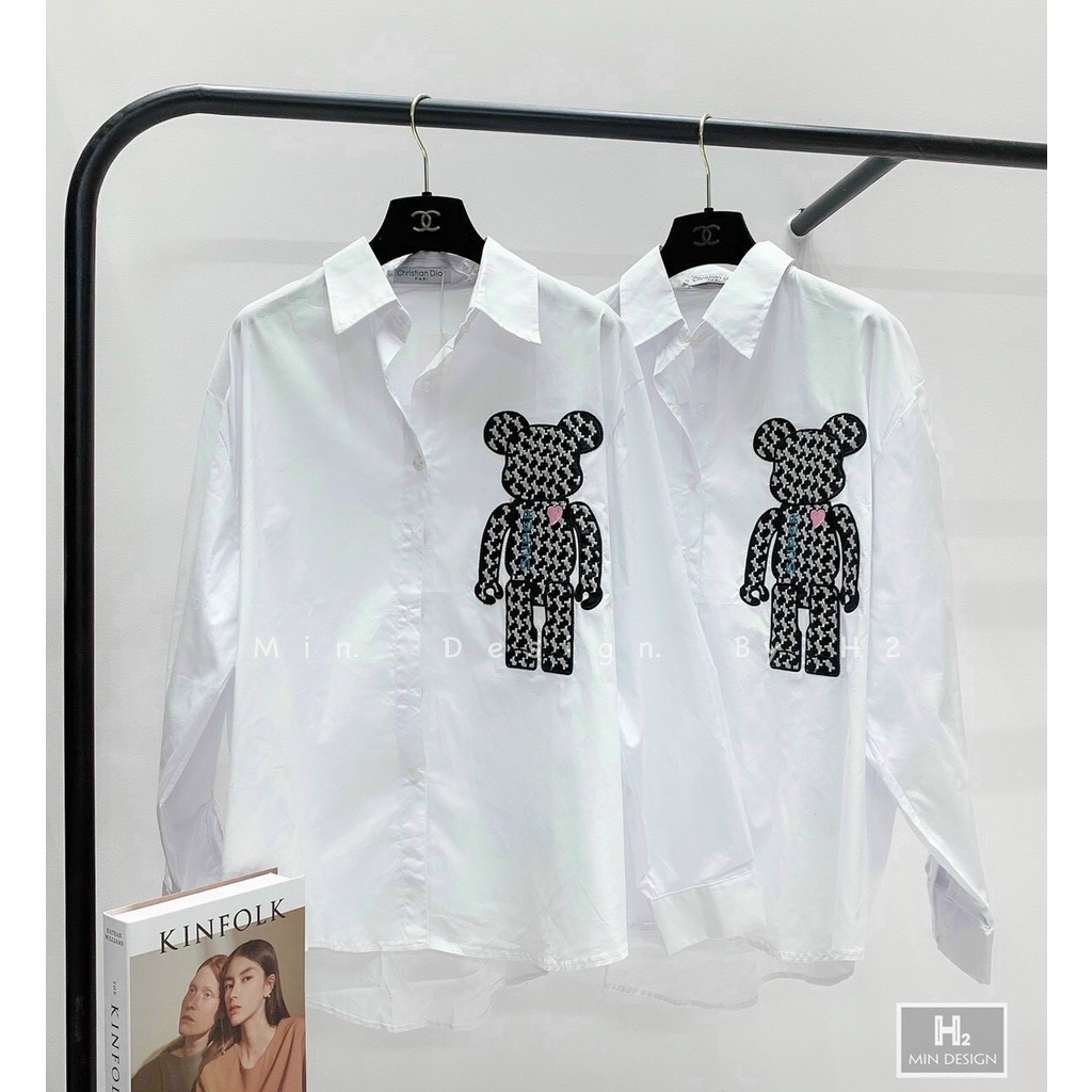 Áo Sơ Mi Dài Tay Nữ💥FREE SHIP💥 Áo sơ mi chất cotton thô siêu mát. hình gấu thêu sắc nét hàng freesize dưới 60kg bao vừa.
